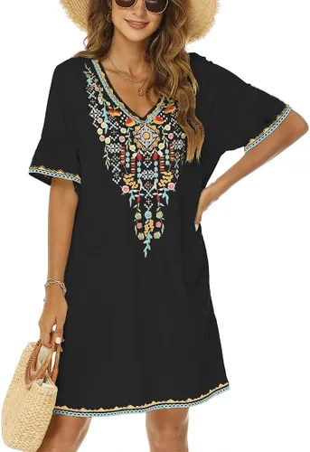 Vista 3 de AK Vestido campesino mexicano bohemio de verano para mujer, manga corta, floral, bordado, suelto, hippie, túnica bohemia