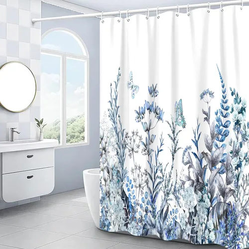 Vista 2 de Cortina de ducha floral, juego de cortina de ducha con flores azules, cortinas de ducha botánicas de flores silvestres para baño, tela impermeable