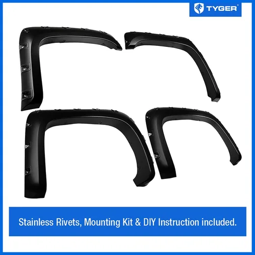 Vista 2 de Tyger Auto TG-FF8C4068 para 2007-2014 Chevy Silverado (NO para 68" Short Bed) Juego de guardabarros con estilo, remachado, pintable, negro mate