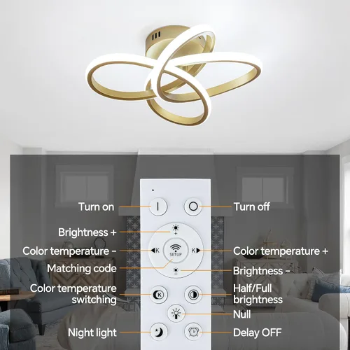 Vista 9 de Lámpara de techo moderna, lámpara de techo regulable LED de 36 W con control remoto, cambio de temperatura de color, pequeña lámpara de araña dorada