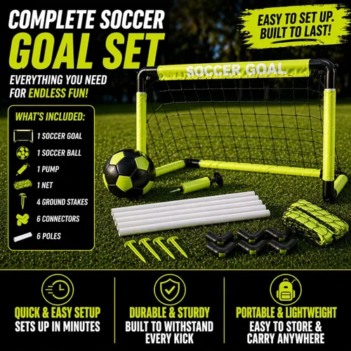 Vista 5 de Kids Soccer Goals Set for Indoor & Outdoor Play – Includes Foldable Goal, Ball, Pump & 4 Stakes