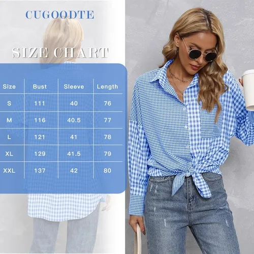Vista 6 de Cugoodte Camisas a rayas con botones para mujer, manga larga, bloque de color, casual, negocios, trabajo, blusas con bolsillo