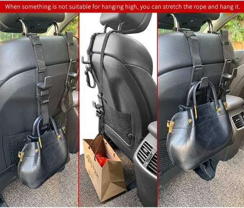 Vista 5 de Paquete de 2 ganchos universales para reposacabezas de automóvil, para interior de automóvil, asiento trasero y delantero, organizador para bolsos