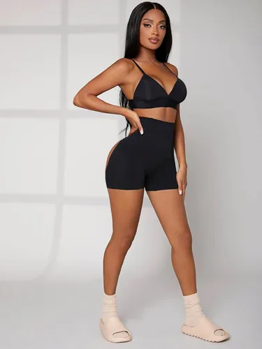 Vista 5 de OYOANGLE Pantalones cortos moldeadores de cintura alta para mujer, con control de abdomen
