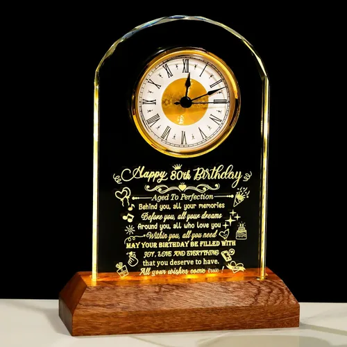 Vista 17 de Arikyrist Regalos de cumpleaños número 100 para mujeres, hombres y amigos, reloj de cumpleaños de cristal con base de luz Glass 100th Birthday