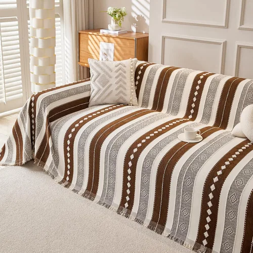 Vista 28 de HANDONTIME Chevron Pattern Couch Cover Vertical Striped Jacquard Sofa Cover Modern Minimalist, Khaki and White, Sofa Covers Washable, Pet Friendly