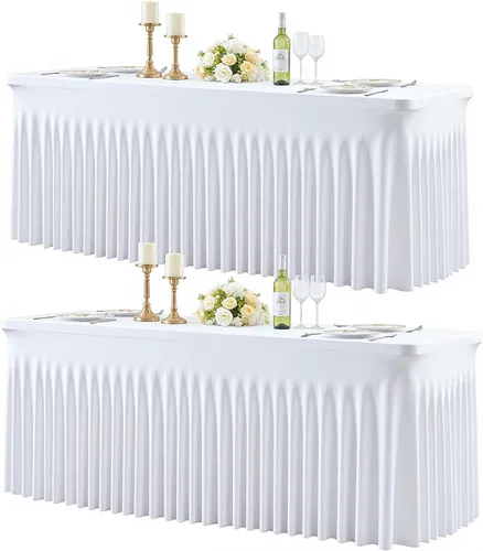 Vista 22 de Paquete de 2 manteles color azul bebé para mesas rectangulares de 6 pies, mantel ajustable de elastano, fundas de mesa elásticas de 6 pies, manteles