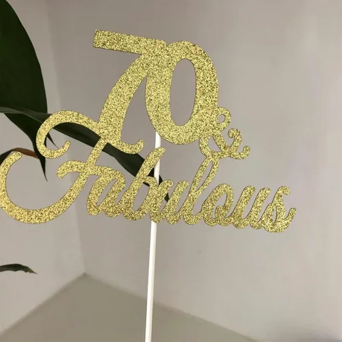 Vista 3 de Decoración para tartas de doble cara con purpurina dorada 70 y fabulosa decoración para tartas 70 para cumpleaños 70, boda, aniversario, decoración