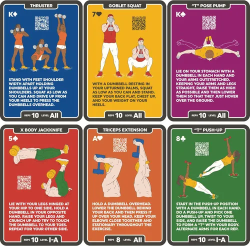 Vista 3 de Paquete de 52 tarjetas de ejercicio con mancuernas apiladas. Juego de entrenamiento. Instrucciones de video incluidas. Perfecto para entrenar