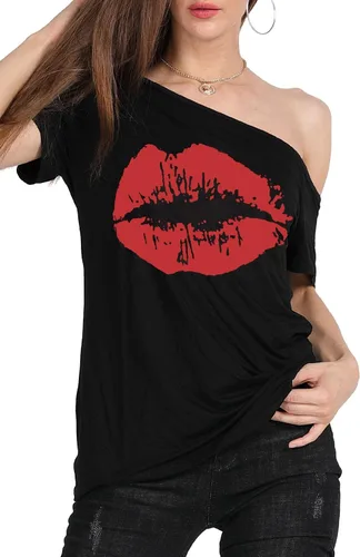 Vista 3 de MAGICMK - Camiseta casual para mujer, con estampado de labios y hombro descubierto, talla extragrande