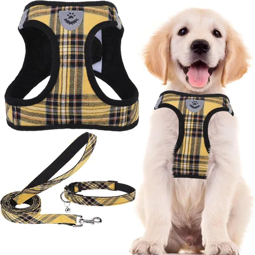 Vista 10 de PUPTECK - Arnés, collar y correa ajustables, sin tirones, para perros pequeños y medianos, cachorros y gatos, pechera reflectante acolchada de malla