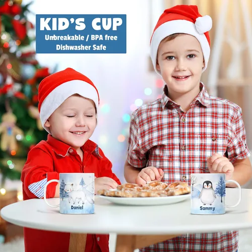 Vista 3 de Taza de Navidad para niños personalizable con nombre Winter Fox in Snow irrompible para niños Apto para lavavajillas, sin BPA y melamina