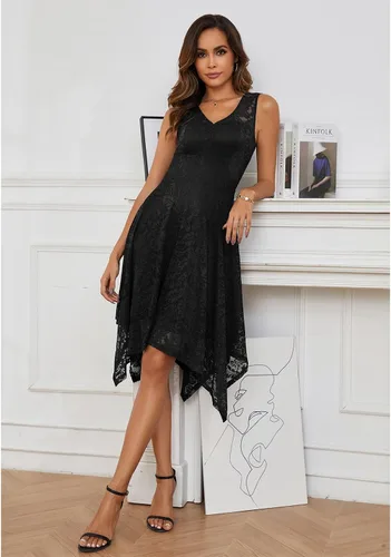Vista 2 de Meetjen Vestidos de cóctel para mujer 2025 con dobladillo tipo pañuelo, encaje, formal, para invitada de boda, dama de honor, elegante, para Negro