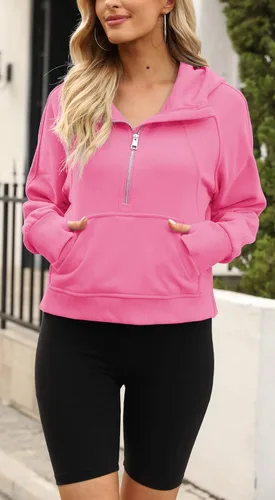Vista 4 de Sudaderas con capucha para mujer, media cremallera, con forro polar, cuello con cremallera, sudaderas recortadas de manga larga