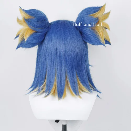 Vista 5 de Uniquebe Valorant - Peluca de neón para cosplay peluca azul con flequillo de cortina lindas colas de caballo gorra de peluca para disfraces