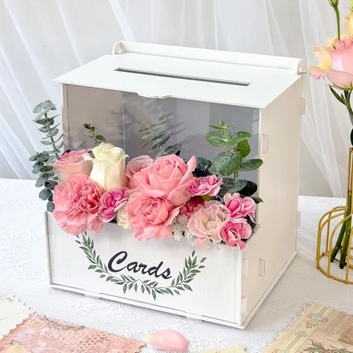 Vista 10 de OurWarm Caja de tarjetas de boda de madera con canal de flores onduladas, cajas de tarjetas de boda rústicas de color marrón para recepción