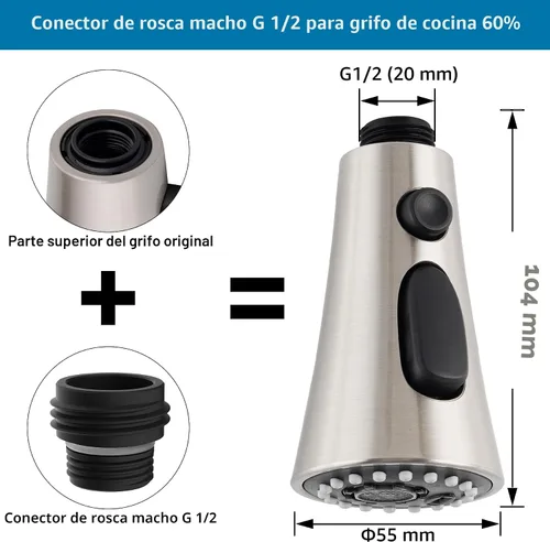 Vista 5 de Universal Kitchen Faucet Head, 3 Modes, 15 Adapters Kit, Brushed Nickel Níquel cepillado