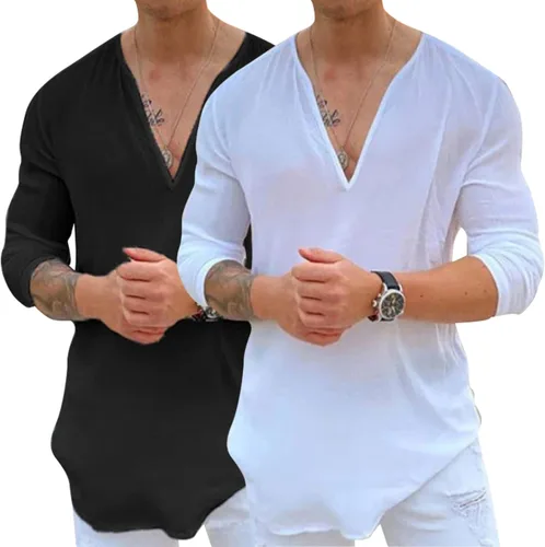 Vista 4 de Rela Bota Camisa hawaiana con cuello en V para hombre, camisas hippie de color liso, camisa Henley para yoga, ropa de playa
