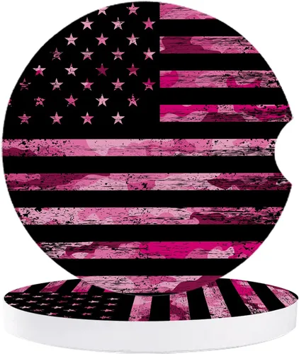Vista 17 de Portavasos para automóvil para mujeres/hombres, paquete de 2 posavasos absorbentes de cerámica para bebidas, diseño de camuflaje con bandera