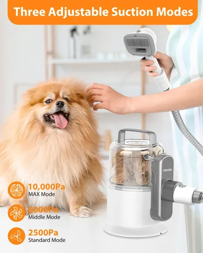 Vista 3 de Kit de aseo para perros 6 en 1, aspiradora blanca plateada para perros para arrojar cabello en casa