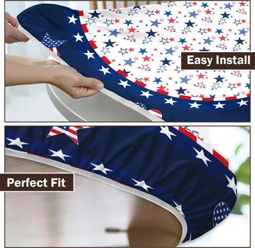 Vista 6 de Mantel redondo ajustable para el 4 de julio con borde elástico, impermeable, lavable, azul, rojo, blanco, estrella, patriótica, independencia, Día