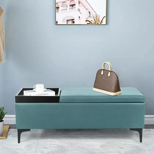 Vista 3 de Joveco Mesa auxiliar rectangular con bandeja elevadora, banco otomano de almacenamiento con patas de metal, banco tapizado en el extremo de la cama