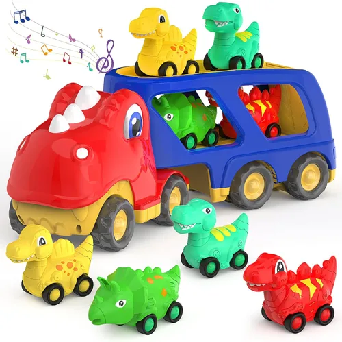 Vista 8 de Juguetes de dinosaurio para niños de 2 a 4 años, camión transportador de automóvil de dinosaurio con 4 autos de dinosaurio de tracción hacia atrás