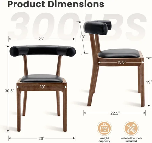 Vista 2 de Kmax Sillas de comedor de mediados de siglo modernas sillas de cocina de cuero con marco acabado de nogal natural, respaldo curvado de poliuretano