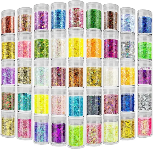 Vista 11 de Estanoite - Purpurina gruesa holográfica con lentejuelas, 12 colores mezclados, cosméticos para cara, cuerpo, ojos, cabello, uñas, arte, brillo
