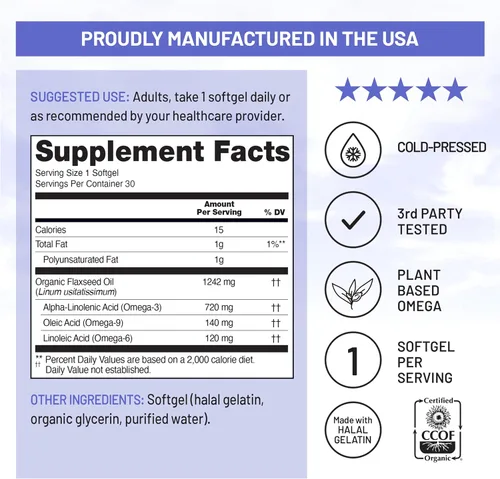 Vista 3 de NatureWise Aceite de linaza de 1200 mg, Omega 3 6 9 sin pescado con 720 mg de ALA, suplemento dietético para apoyo a la salud cardíaca, orgánico