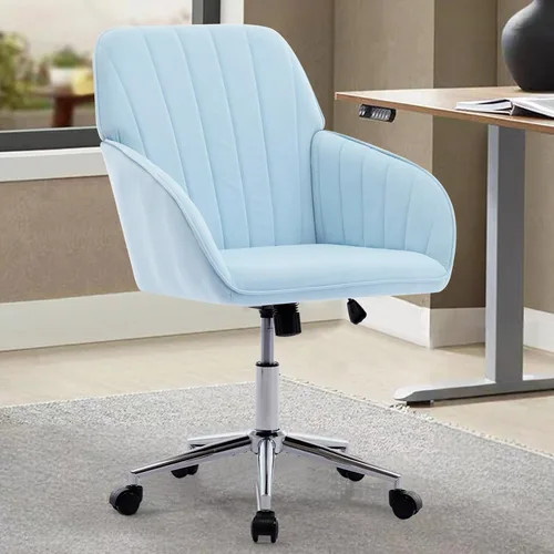 Vista 9 de Silla moderna de oficina en casa, cómoda silla de escritorio de terciopelo, silla de tocador de maquillaje con ruedas, silla giratoria ajustable