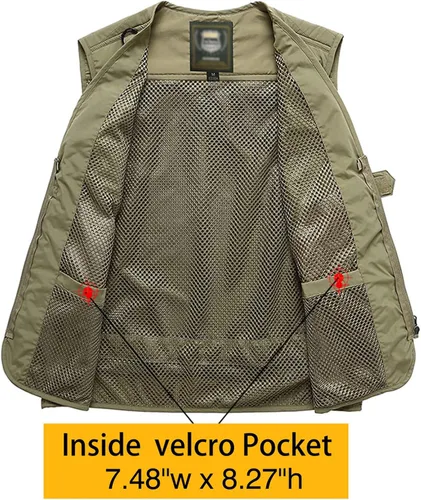 Vista 3 de Flygo Chaleco de carga para hombre, casual, para exteriores, trabajo, safari, pesca, viajes, fotos, chaleco con múltiples bolsillos