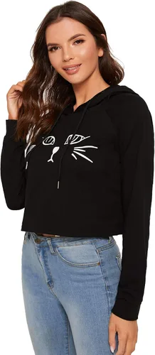 Vista 8 de Sudadera SweatyRocks corta con capucha, manga larga, con estampado de gato, para mujer