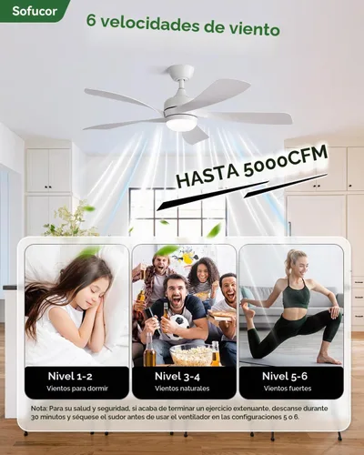 Vista 6 de Sofucor Ventilador de techo inteligente de 52", ventiladores de techo blancos para interiores/exteriores con luces y control remoto, funciona
