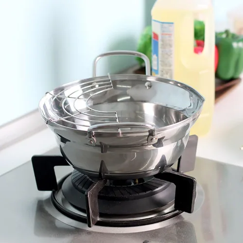 Vista 3 de Olla para freír Tempura de acero inoxidable, mini sartén profunda con escurridor, 8 pulgadas (7.9 in)