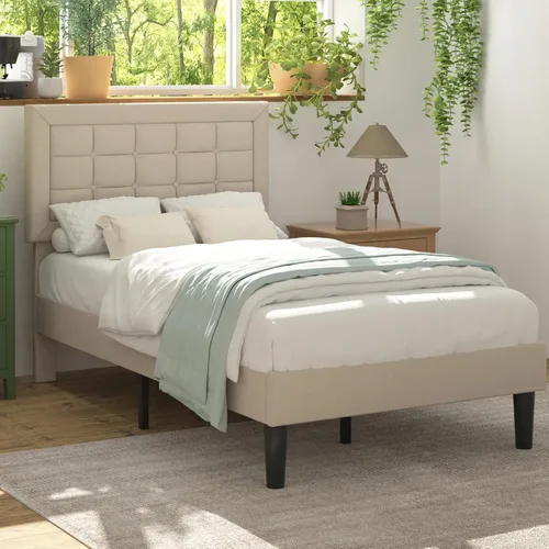 Vista 25 de VECELO Base de cama tamaño matrimonial, cabecera tapizada ajustable con botones, marco de cama resistente con soporte de listones de madera,