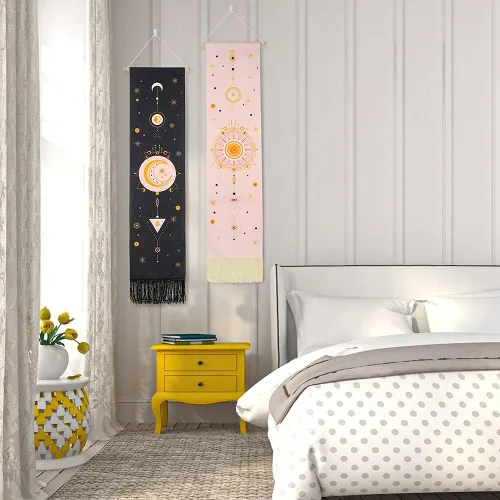 Vista 2 de Ochine Paquete de 2 tapices de fase lunar para colgar en la pared, tapices bohemios, fases blancas y negras, decoración del hogar para sala de estar