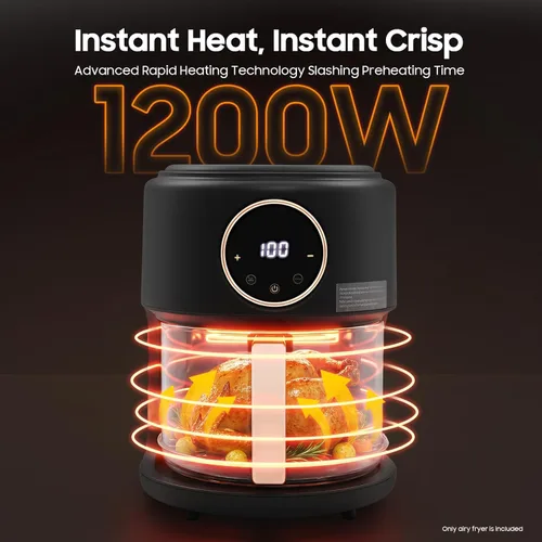 Vista 2 de Freidora de aire de vidrio de 4.44Qt 1200W, control de temperatura y tiempo 8 en 1 Black Non Toxic Air Fryer with Stainless Steel Grill 360° View
