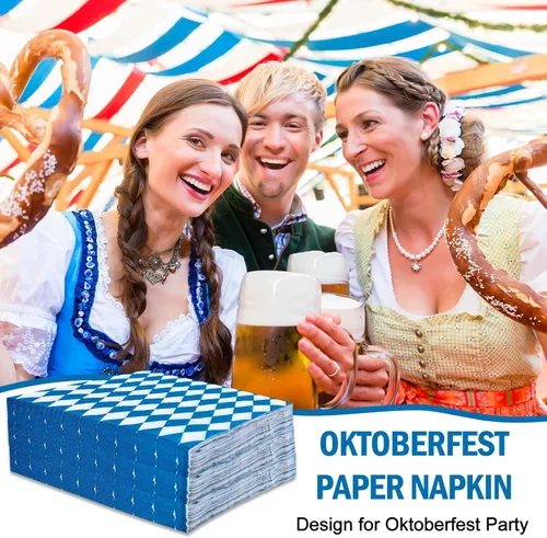 Vista 4 de Whaline Paquete de 80 servilletas de almuerzo Oktoberfest a cuadros azules y blancos, servilletas de papel desechables decorativas para postre