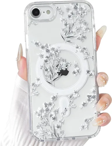 Vista 62 de NITITOP Funda magnética transparente compatible con iPhone 14 Plus/15 Plus, compatible con MagSafe lindas flores, hojas florales para mujeres