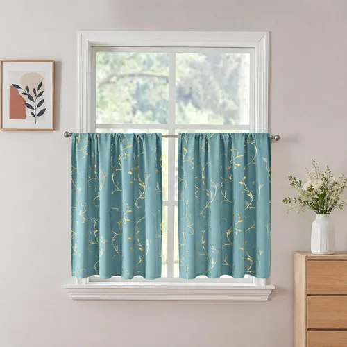 Vista 8 de BUHUA Juego de 2 paneles de cortinas opacas con estampado de vid plateada, cortinas con aislamiento térmico para oscurecer la habitación