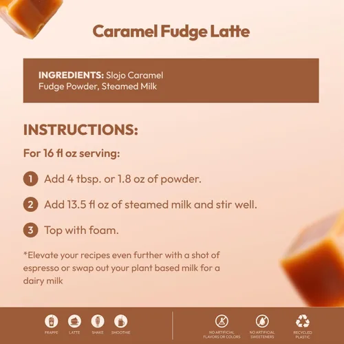 Vista 5 de SLOJO - Polvo con sabor gourmet a caramelo, mezcla de bebida prémium para bebidas calientes y frías, vegano, caramelo en polvo para lattes, frappés