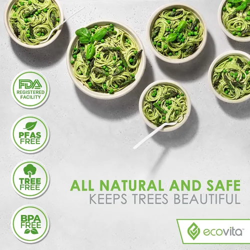Vista 3 de Ecovita Cuencos de Papel 100% Compostables [12 oz.] – 150 Cuencos Desechables Ecológicos Resistentes Sin Árboles Resistentes a Líquidos y Calor
