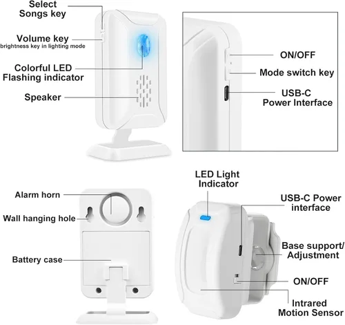 Vista 7 de Timbre de puerta con sensor de movimiento, funciona con pilas, sensor de movimiento para negocios, alarma inalámbrica con detector de movimiento