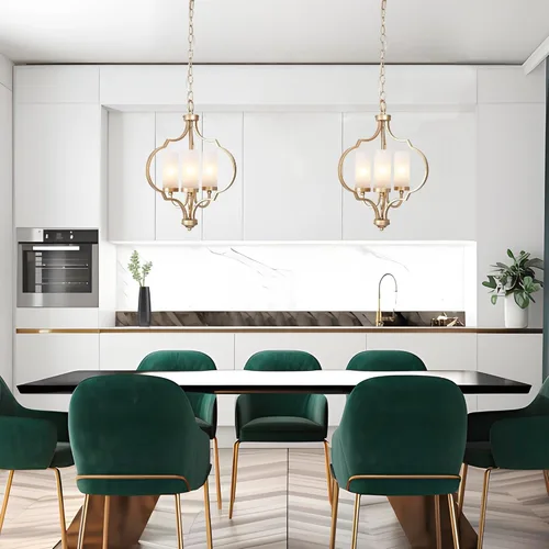 Vista 4 de classy leaves Candelabro dorado, 3 luces colgantes de granja para isla de cocina con pantalla de vidrio esmerilado, modernos candelabros de orbe
