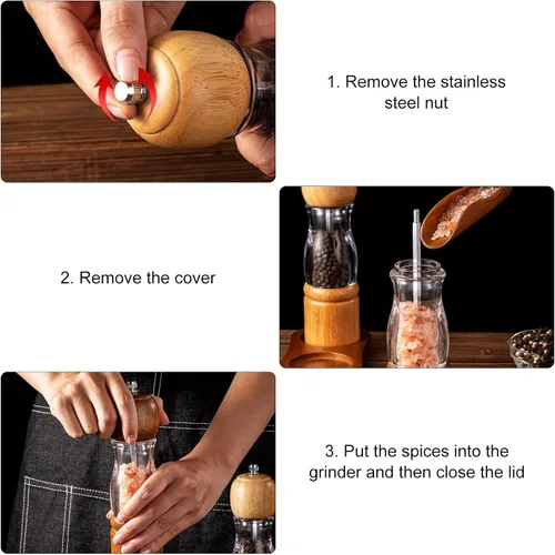 Vista 5 de Juego de molinillo de sal y pimienta de madera, molinillos manuales de sal y pimienta de 8 pulgadas con núcleo de cerámica ajustable, molinillo