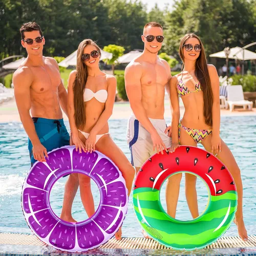 Vista 5 de 6 unidades de flotadores inflables de frutas para piscina, anillos de natación, sandía, naranja, uva, limón, kiwi, juguetes de piscina, tubos