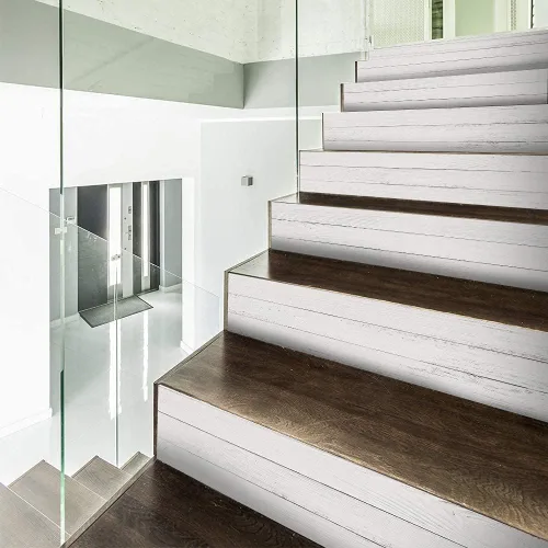 Vista 12 de funlife 3 tiras de calcomanías de vinilo autoadhesivas para escaleras, murales para escaleras, 39.37 x 7.09 pulgadas, gris ceniza Madera gris ceniza