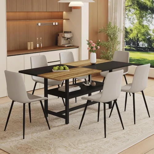 Vista 13 de Juego de mesa de comedor de 71 pulgadas para 6 personas con estante de almacenamiento, juego de mesa de comedor rectangular industrial moderna