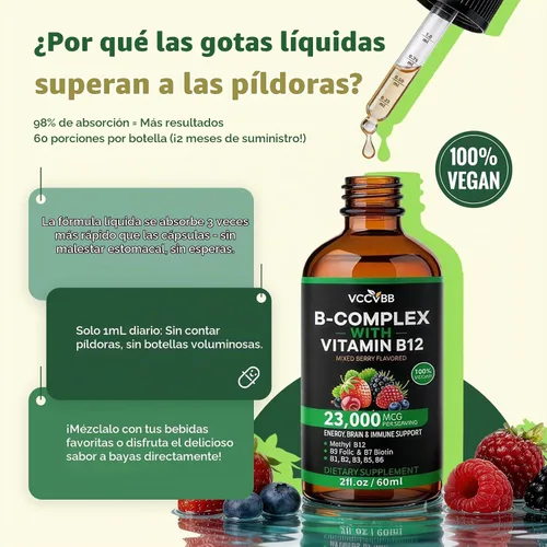 Vista 7 de Gotas del complejo de la vitamina B, 5000mcg de metilcobalamina, líquido sublingual Con B1, B2, B3, B5, B6, B7, ácido fólico y vitamina C en una